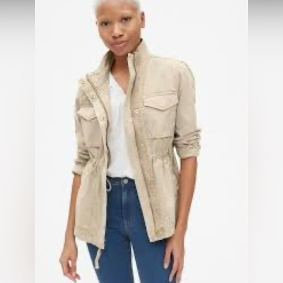 Gap New Sand Beige Cotton Cinch Tie Waist Utility Front Button Zip Up Jacket